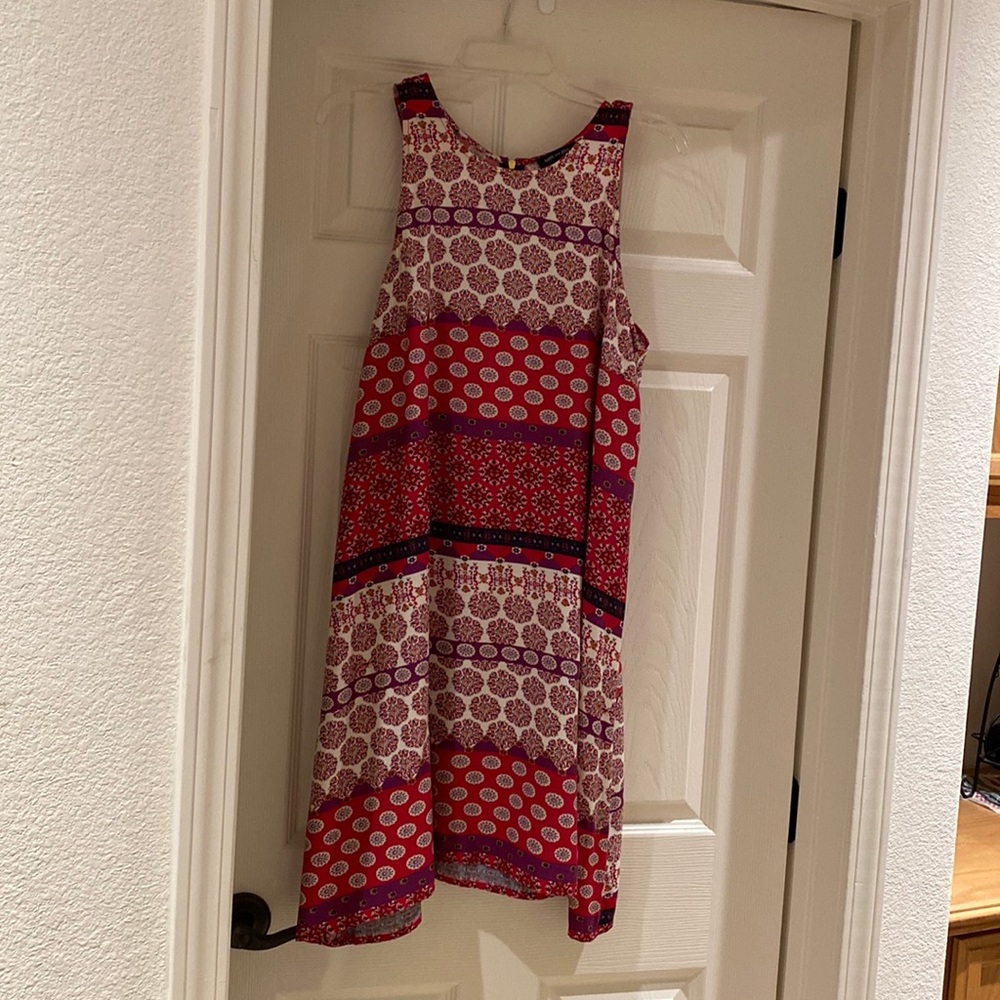 Swing print swing dress- red, purple and cream